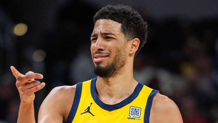 Feb 23, 2025; Indianapolis, Indiana, USA;  Indiana Pacers guard Tyrese Haliburton (0) reacts to a player on the LA Clippers  in the second half at Gainbridge Fieldhouse. Mandatory Credit: Trevor Ruszkowski-Imagn Images