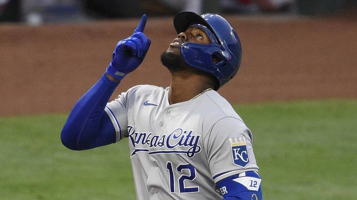 Jun 7, 2021; Anaheim, California, USA; Kansas City Royals designated hitter Jorge Soler (12) points up after hitting a solo home run during the second inning against the Los Angeles Angels at Angel Stadium. Mandatory Credit: Kelvin Kuo-Imagn Images