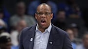 Mar 13, 2025; Charlotte, NC, USA; North Carolina Tar Heels head coach Hubert Davis during the first half against the Wake Forest Demon Deacons at Spectrum Center. Mandatory Credit: Jim Dedmon-Imagn Images