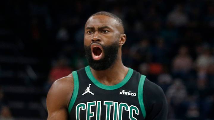 Mar 20, 2026; Memphis, Tennessee, USA; Boston Celtics guard Jaylen Brown (7) and forward Jayson Tatum (0) react during the third quarter against the Memphis Grizzliesat FedExForum. Mandatory Credit: Petre Thomas-Imagn Images