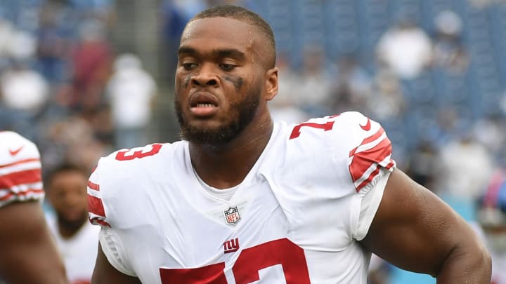 Sep 11, 2022; Nashville, Tennessee, USA; New York Giants offensive tackle Evan Neal (73) leaves the field after warmups before the game against the Tennessee Titans at Nissan Stadium.  