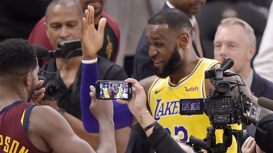Nov 21, 2018; Cleveland, OH, USA; Los Angeles Lakers forward LeBron James (23) talks with Cleveland Cavaliers center Tristan Thompson (13) after a game at Quicken Loans Arena. Mandatory Credit: David Richard-Imagn Images