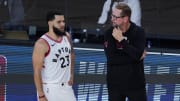 Aug 1, 2020; Lake Buena Vista, USA; Toronto Raptors head coach Nick Nurse talks with guard Fred VanVleet (23) during the second half against the Los Angeles Lakers at The Arena. Mandatory Credit: Ashley Landis/Pool Photo via USA TODAY Sports