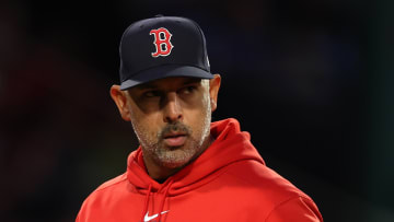 Boston Red Sox manager Alex Cora looks towards the field during a game between the Red Sox and the Toronto Blue Jays.