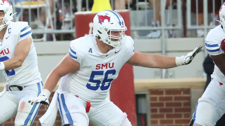 Sep 9, 2023; Norman, Oklahoma, USA; Southern Methodist Mustangs offensive lineman Branson Hickman (56) during the game against the Oklahoma Sooners at Gaylord Family-Oklahoma Memorial Stadium. Mandatory Credit: Kevin Jairaj-USA TODAY Sports