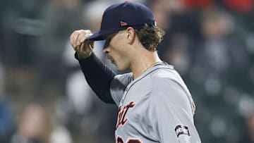 Detroit Tigers starting pitcher Sawyer Gipson-Long (66) leaves a baseball game against the Chicago White Sox during the fourth inning at Rate Field.