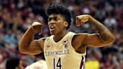 Mar 2, 2019; Tallahassee, FL, USA; Florida State Seminoles guard Terance Mann (14) reacts after dunking the ball during the second half of the game against the North Carolina State Wolfpack at Donald L. Tucker Center. Mandatory Credit: Melina Myers-Imagn Images