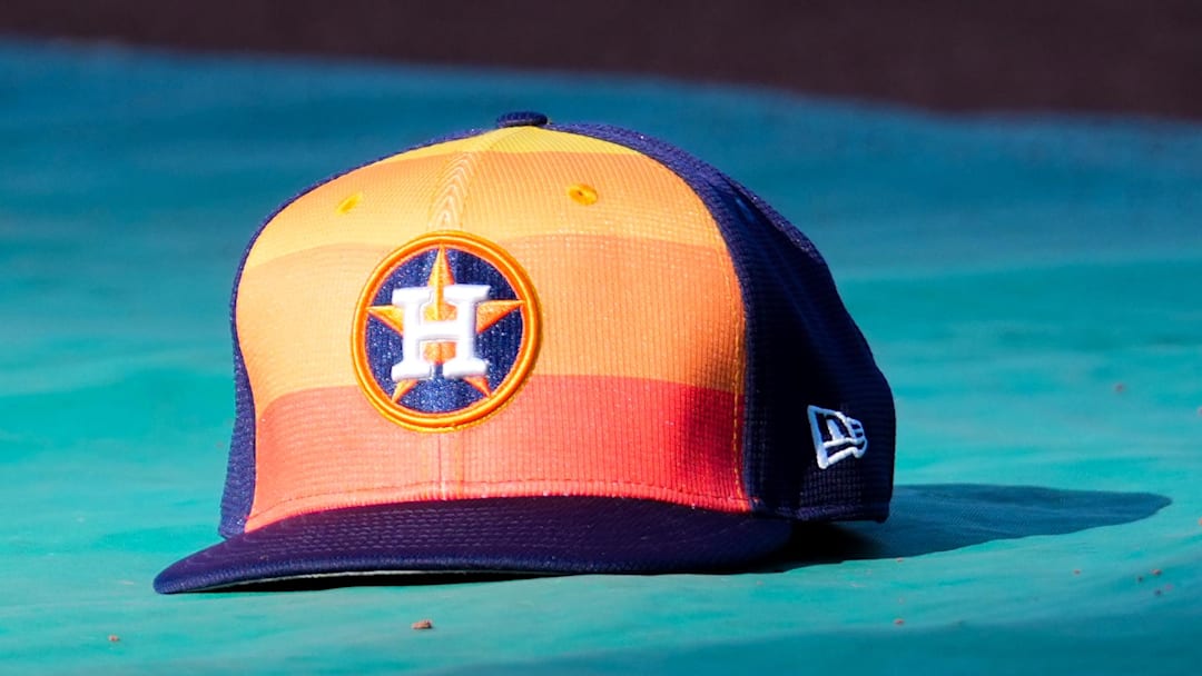 Apr 9, 2024; Kansas City, Missouri, USA; A general view of Houston Astros second base Jose Altuve (27) hat on the field during batting practice prior to a game against the Kansas City Royals at Kauffman Stadium. 