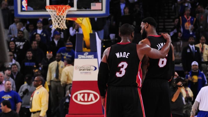 January 10, 2012; Oakland, CA, USA; Miami Heat shooting guard Dwyane Wade (3) talks to small forward LeBron James (6) during the fourth quarter against the Golden State Warriors at ORACLE Arena. The Warriors defeated the Heat 111-106 in overtime. Mandatory Credit: Kyle Terada-USA TODAY Sports