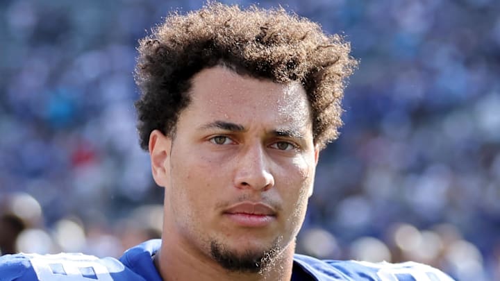 New York Giants defensive tackle D.J. Davidson (98) after a game against the Carolina Panthers at MetLife Stadium. Mandatory Credit: Brad Penner-Imagn Images