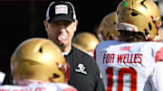 Nov 8, 2025; Chestnut Hill, Massachusetts, USA; Boston College Eagles head coach Bill O'Brien looks on during warm-ups before a game at Alumni Stadium. Mandatory Credit: Eric Canha-Imagn Images