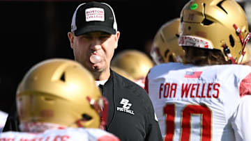 Nov 8, 2025; Chestnut Hill, Massachusetts, USA; Boston College Eagles head coach Bill O'Brien looks on during warm-ups before a game at Alumni Stadium. Mandatory Credit: Eric Canha-Imagn Images