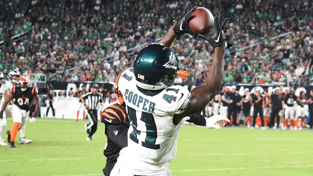 Eagles receiver Darius Cooper makes a touchdown catch during a preseason game last summer as an undrafted rookie free agent.