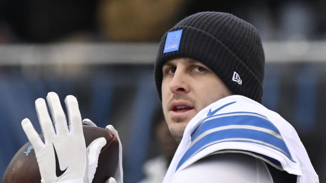 Jan 4, 2026; Chicago, Illinois, USA; Detroit Lions quarterback Jared Goff (16) warms up before the game between the Chicago Bears and the Detroit Lions at Soldier Field. Mandatory Credit: Matt Marton-Imagn Images