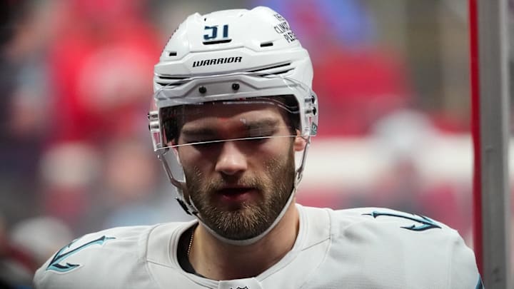 Jan 10, 2026; Raleigh, North Carolina, USA;  Seattle Kraken center Shane Wright (51) comes off the ice after the warmups before the game against the Carolina Hurricanes  at Lenovo Center. Mandatory Credit: James Guillory-Imagn Images