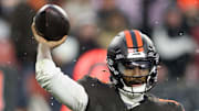 Cleveland Browns quarterback Shedeur Sanders throws a pass against the Tennessee Titans