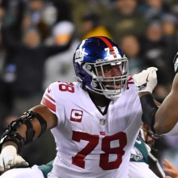 Jan 21, 2023; Philadelphia, Pennsylvania, USA; New York Giants offensive tackle Andrew Thomas (78) against Philadelphia Eagles defensive end Josh Sweat (94) during an NFC divisional round game at Lincoln Financial Field.  