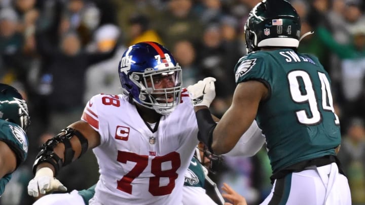 Jan 21, 2023; Philadelphia, Pennsylvania, USA; New York Giants offensive tackle Andrew Thomas (78) against Philadelphia Eagles defensive end Josh Sweat (94) during an NFC divisional round game at Lincoln Financial Field.  