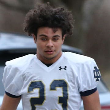 Notre Dame safety Kennedy Urlacher (23) at Notre Dame spring football practice Thursday, March 7, 2024, at the Irish Athletics Center in South Bend.