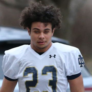 Notre Dame safety Kennedy Urlacher (23) at Notre Dame spring football practice Thursday, March 7, 2024, at the Irish Athletics Center in South Bend.