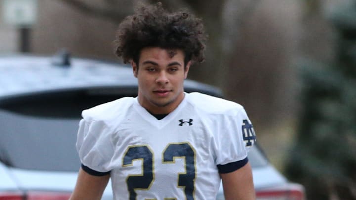 Notre Dame safety Kennedy Urlacher (23) at Notre Dame spring football practice Thursday, March 7, 2024, at the Irish Athletics Center in South Bend.