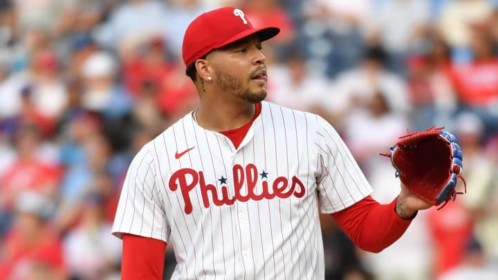 May 22, 2024; Philadelphia, Pennsylvania, USA; Philadelphia Phillies pitcher Taijuan Walker (99) against the Texas Rangers at Citizens Bank Park