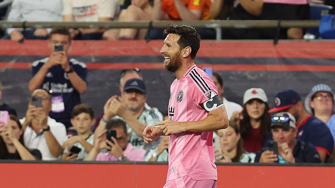 Inter Miami CF striker Lionel Messi smiles after scoring his second goal of the game against the New England Revolution at Gillette Stadium Wednesday.
