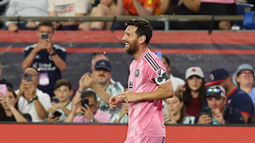 Inter Miami CF striker Lionel Messi smiles after scoring his second goal of the game against the New England Revolution at Gillette Stadium Wednesday.