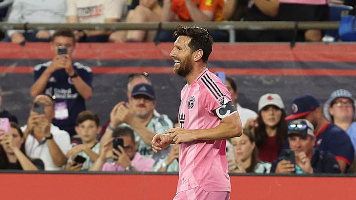 Inter Miami CF striker Lionel Messi smiles after scoring his second goal of the game against the New England Revolution at Gillette Stadium Wednesday.