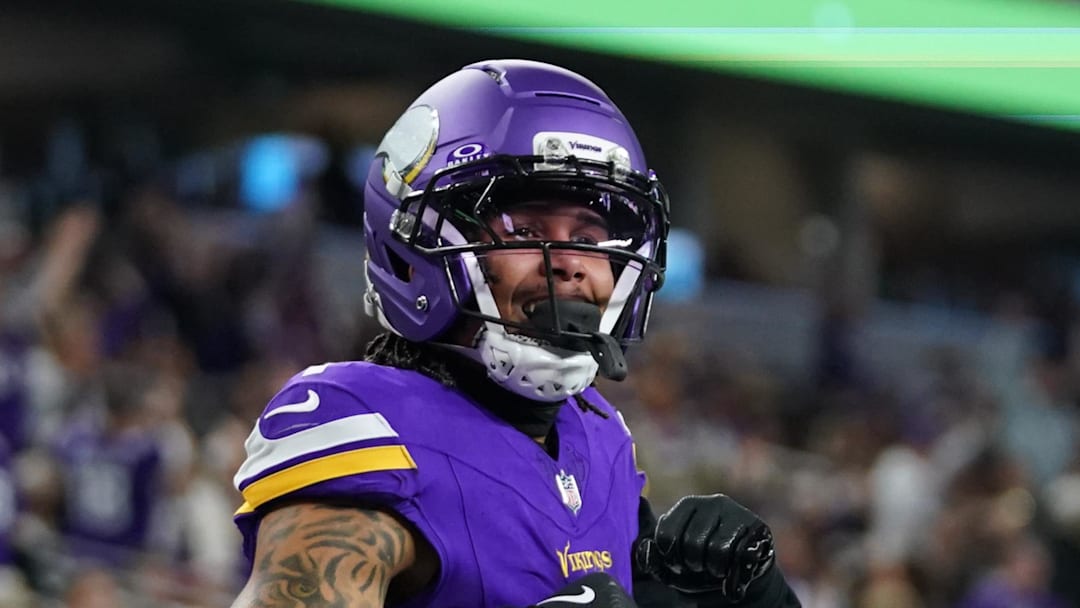 Dec 14, 2025; Arlington, Texas, USA; Minnesota Vikings wide receiver Jalen Nailor (1) celebrates after a touchdown catch during the second half against the Dallas Cowboys at AT&T Stadium. Mandatory Credit: Raymond Carlin III-Imagn Images