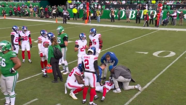 New York Giants cornerback Cor'Dale Flott suffered a concussion after being hit by teammate Bobby Okereke. New York Giants cornerback Cor'Dale Flott suffered a concussion after being hit by teammate Bobby Okereke.