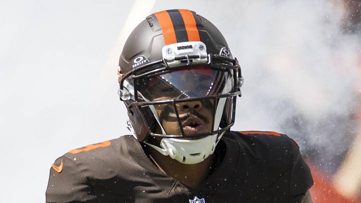 Cleveland Browns wide receiver Cedric Tillman runs onto the field