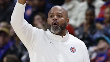 Oct 26, 2025; Detroit, Michigan, USA; Detroit Pistons head coach J.B. Bickerstaff reacts in the second half against the Boston Celtics at Little Caesars Arena. Mandatory Credit: Rick Osentoski-Imagn Images