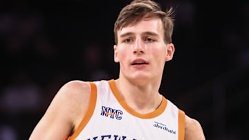 Dec 1, 2024; New York, New York, USA;  New York Knicks guard Tyler Kolek (13) at Madison Square Garden. Mandatory Credit: Wendell Cruz-Imagn Images