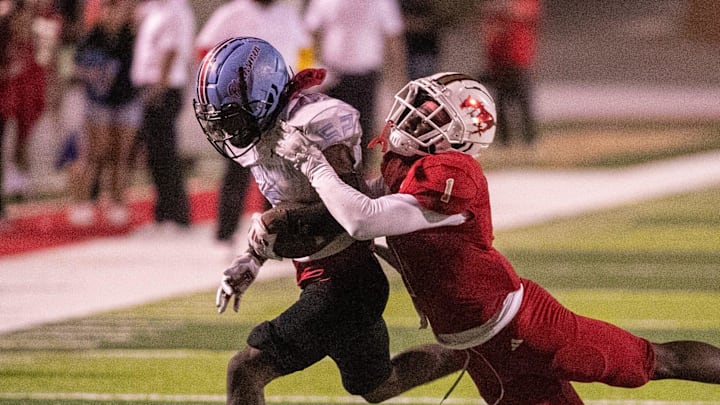 Monterey's Kyree Baxter is tackled by Coronado's Allen Gant during a District 2-5A Division I football game, Friday, October 4, 2024, at Lowrey Field.