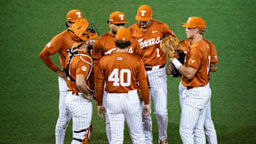 The Texas Longhorns meet on the pitchers mound mid-game inning as they take on the University of Incarnate Word Cardinals at UFCU Disch-Falk Field in Austin, Feb. 25, 2025.