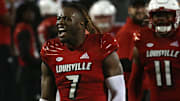 Louisville's Monty Montgomery is excited they just intercepted the ball from Pitt. Oct. 22, 2022