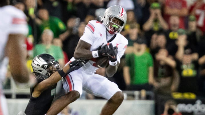Ohio State Buckeyes wide receiver Jeremiah Smith hauls in a catch as the No. 3 Oregon Ducks host the No. 2 Ohio State Buckeyes Saturday, Oct. 12, 2024 at Autzen Stadium in Eugene, Ore.