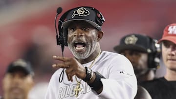 Sep 12, 2025; Houston, Texas, USA; Colorado Buffaloes head coach Deion Sanders reacts after a play during the third quarter against the Houston Cougars at TDECU Stadium.