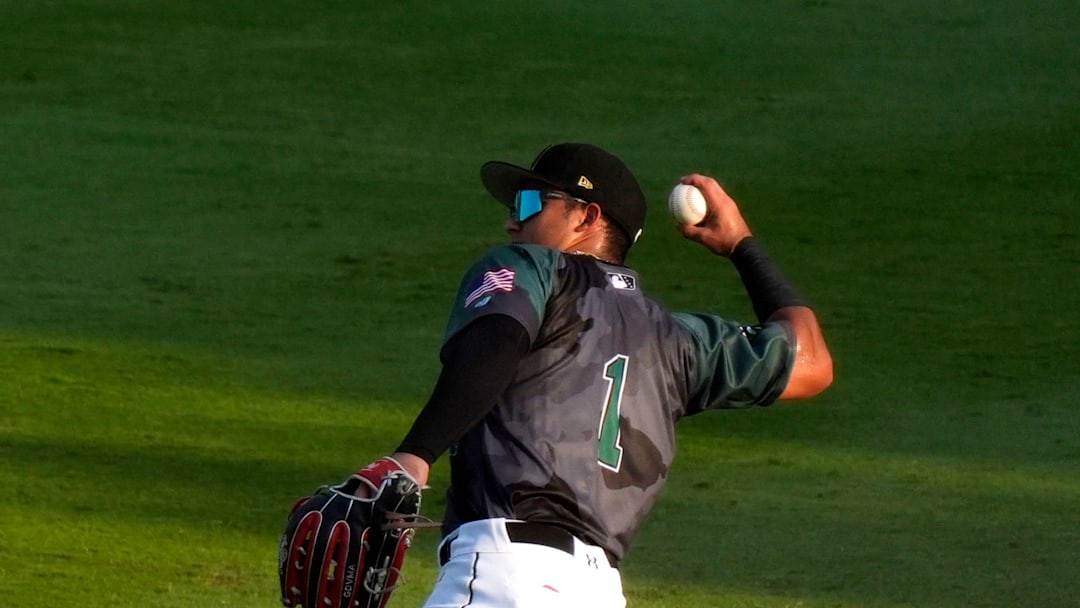 July 12, 2025; North Augusta, South Carolina, USA; GreenJacket outfielder Luis Guanipa (1) throws the ball during the 19th annual Military Appreciation game at SRP Park. The Augusta GreenJackets faced off against the Salem Red Sox. Salem won 9-2. Mandatory Credit: Katie Goodale - Augusta Chronicle/USA TODAY NETWORK