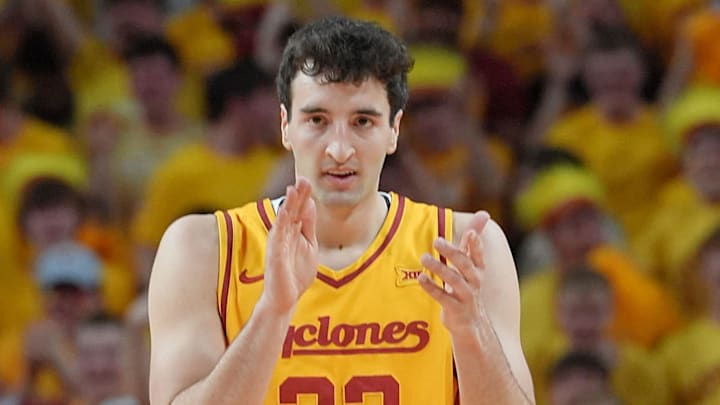 Iowa State Cyclones forward Milan Momcilovic (22) reacts after a three-point shot against Houston during the first half in the3 Big-12 men’s basketball at Hilton Coliseum on Feb. 16, 2026, in Ames, Iowa
