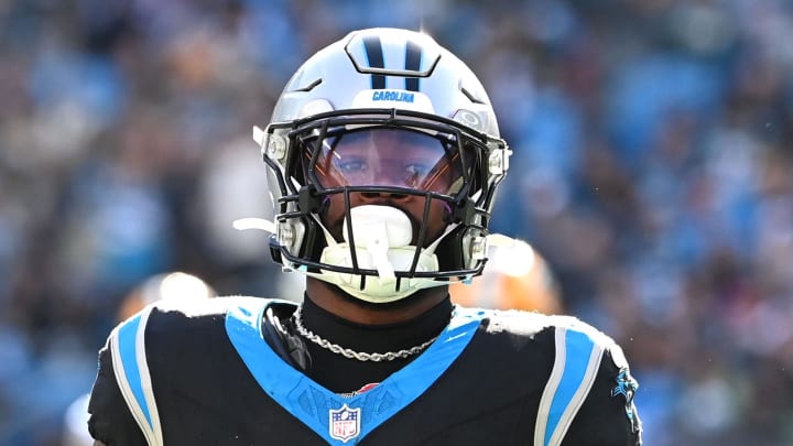Dec 24, 2023; Charlotte, North Carolina, USA; Carolina Panthers running back Miles Sanders (6) on the field in the first quarter at Bank of America Stadium. Mandatory Credit: Bob Donnan-USA TODAY Sports