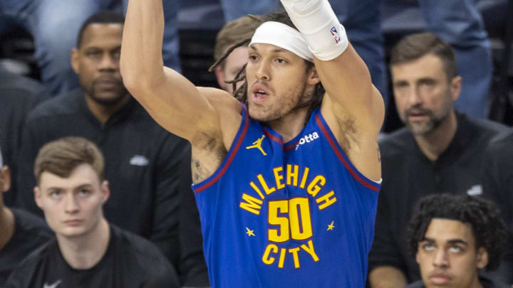 Denver Nuggets forward Aaron Gordon (50) shoots the ball against the Minnesota Timberwolves