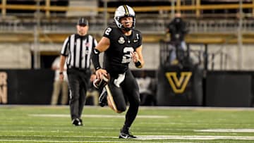 Sep 7, 2024; Nashville, Tennessee, USA;  Vanderbilt Commodores quarterback Diego Pavia (2) runs the ball against the Alcorn State Braves during the first half at FirstBank Stadium. Mandatory Credit: Steve Roberts-Imagn Images