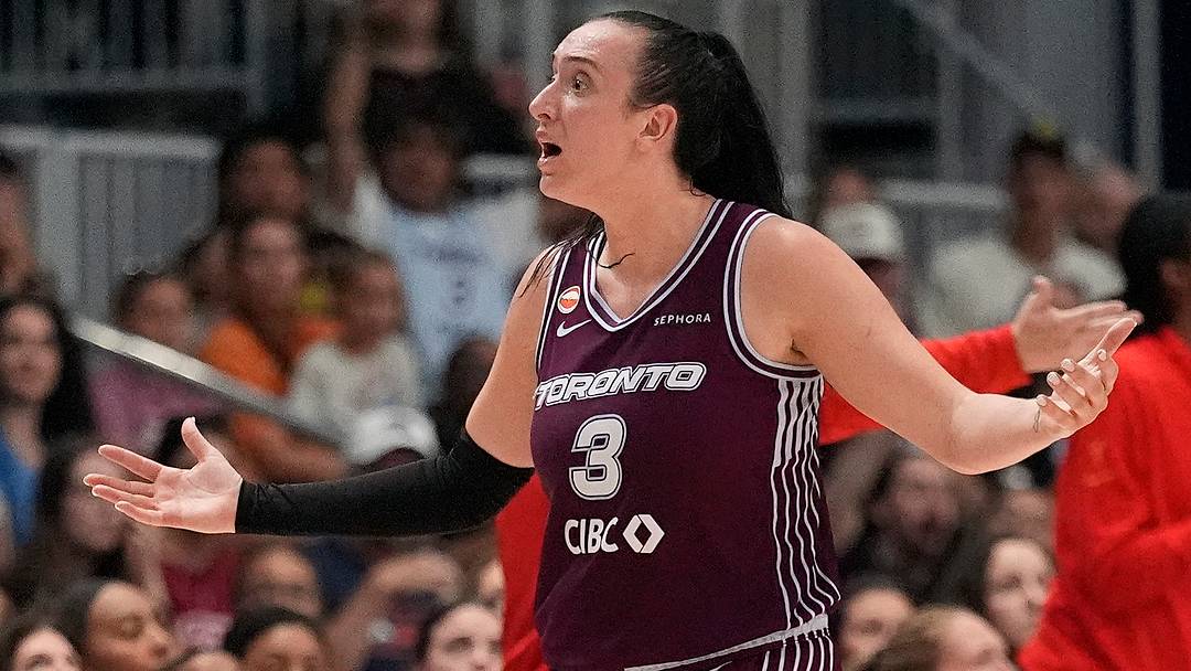 Jul 17, 2026; Toronto, Ontario, CAN; Toronto Tempo guard Marina Mabrey (3) reacts to an official’s call for the Atlanta Dream during the second half at Coca-Cola Coliseum. Mandatory Credit: John E. Sokolowski-Imagn Images