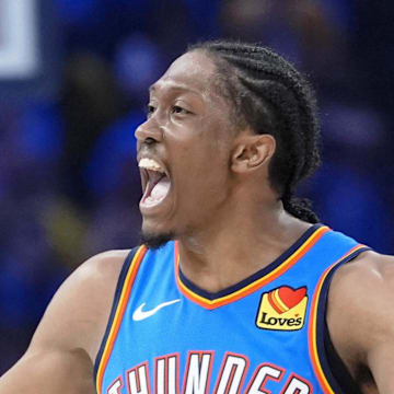 Jun 22, 2025; Oklahoma City, Oklahoma, USA; Oklahoma City Thunder forward Jalen Williams (8) reacts after a play against the Indiana Pacers during the second half of game seven of the 2025 NBA Finals at Paycom Center. Mandatory Credit: Kyle Terada-Imagn Images