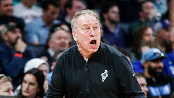 Michigan State head coach Tom Izzo reacts to a play against Mississippi State during the second half of NCAA tournament West Region first round at Spectrum Center in Charlotte, N.C. on Thursday, March 21, 2024.