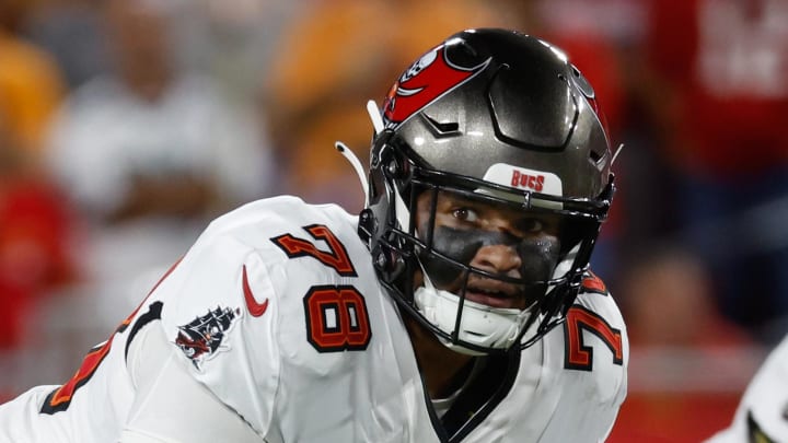 Oct 2, 2022; Tampa, Florida, USA; Tampa Bay Buccaneers offensive tackle Tristan Wirfs (78) against the Kansas City Chiefs during the first quarter at Raymond James Stadium. Mandatory Credit: Kim Klement-USA TODAY Sports