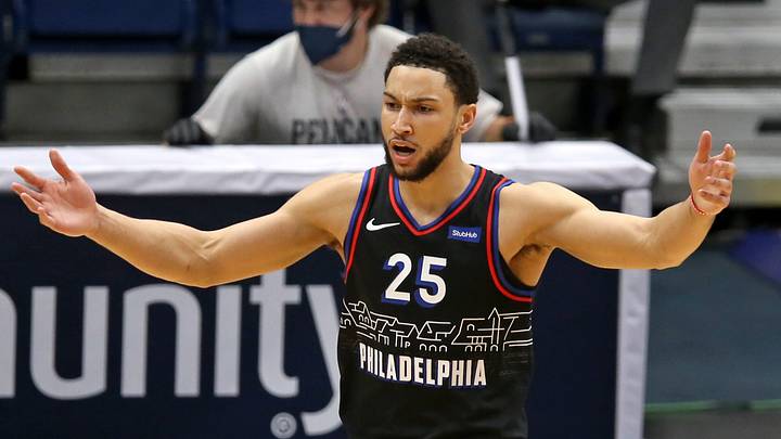 Philadelphia 76ers forward Ben Simmons (25) gestures after a call in the first quarter against the New Orleans Pelicans at the Smoothie King Center. 