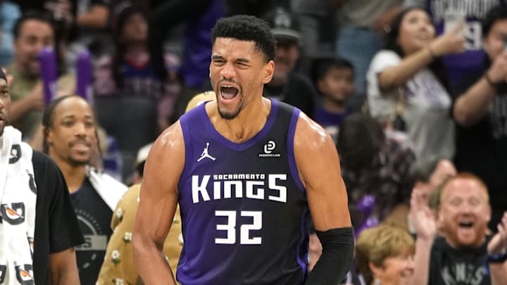 Apr 3, 2026; Sacramento, California, USA; Sacramento Kings center Dylan Cardwell (32) reacts after blocking a shot by New Orleans Pelicans forward Zion Williamson (not shown) during the fourth quarter at Golden 1 Center. Mandatory Credit: Darren Yamashita-Imagn Images